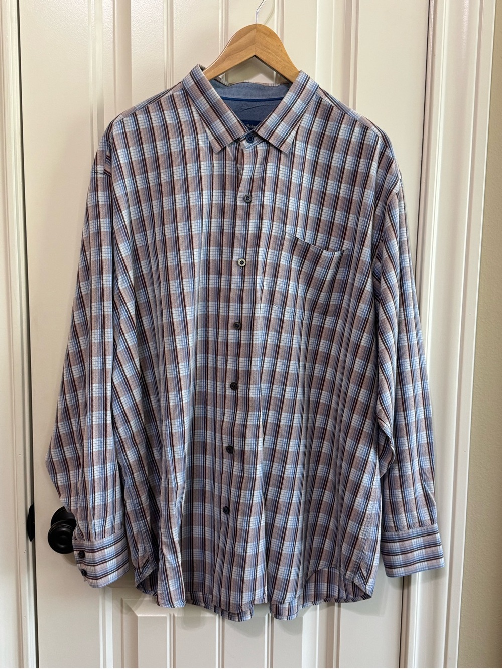 Tommy Bahama Men's 100% Silk Plaid Button Down Shirt XXL Blue Brown Long Sleeve